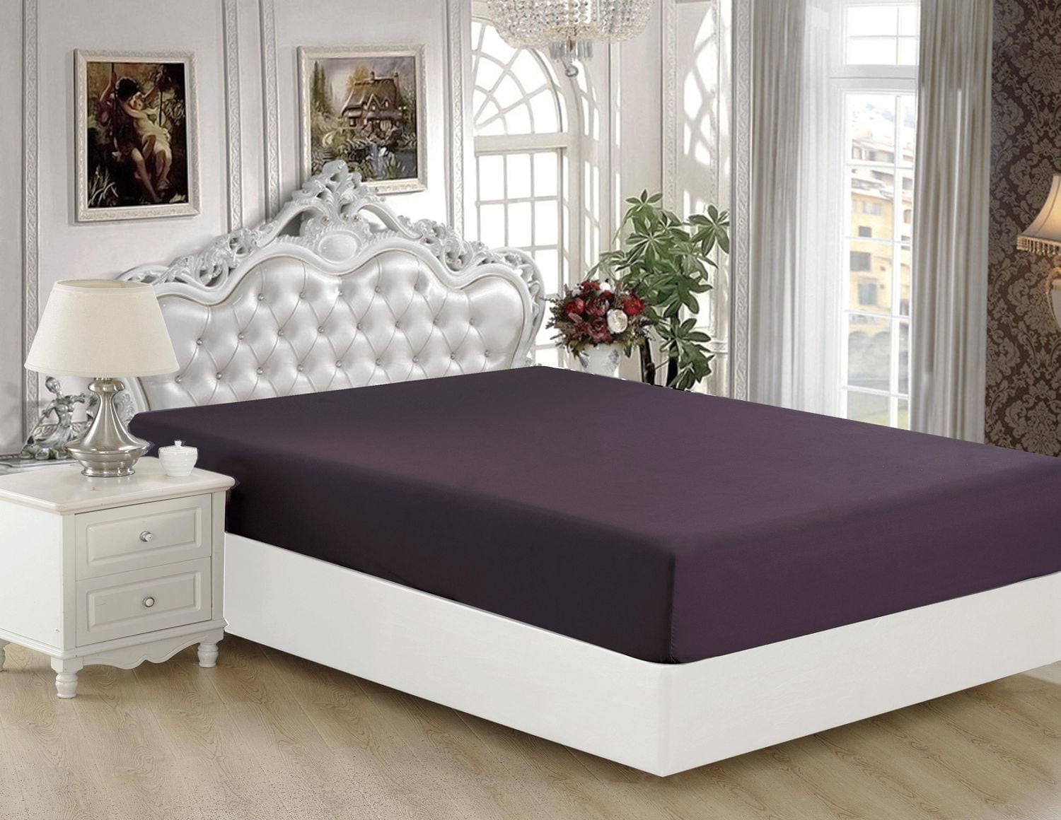 Drap-housse en bambou massif, ultra doux et soyeux, couleur aubergine, pour toutes les saisons