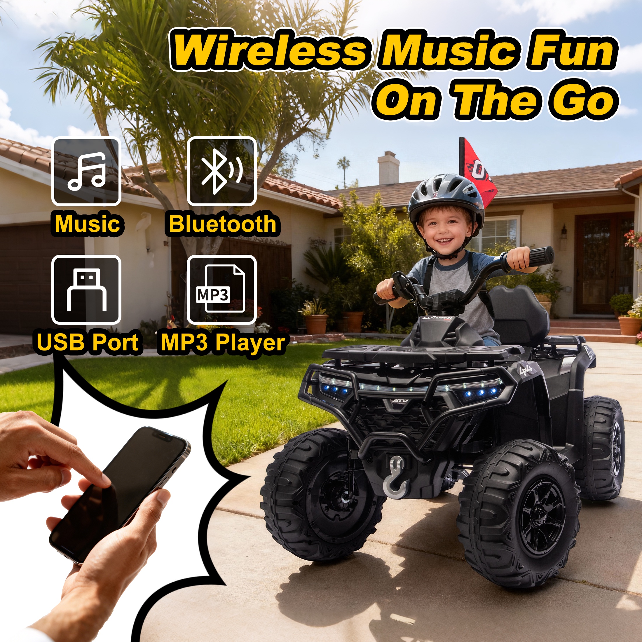 iRerts 24V Ride on ATV, Powered Ride on Toys Kids 4 Wheeler for Boys Girls Ages 3-6 Gifts, Kids Ride on Car Electric Vehicle with Bluetooth, Music, USB Port, Multi-Color Lights, Black
