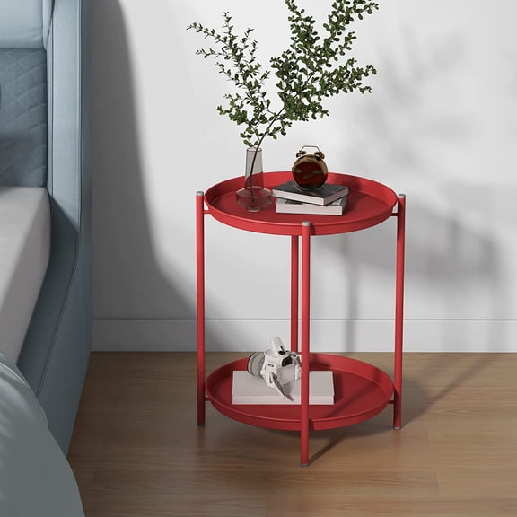 PetFurnishn 2-Tier End Table, Round Metal Side Table with Removable Tray, Small Storage Side Table Outdoor and Indoor, Modern Accent Table Nightstand for Living Room Bedroom Balcony Patio, Red
