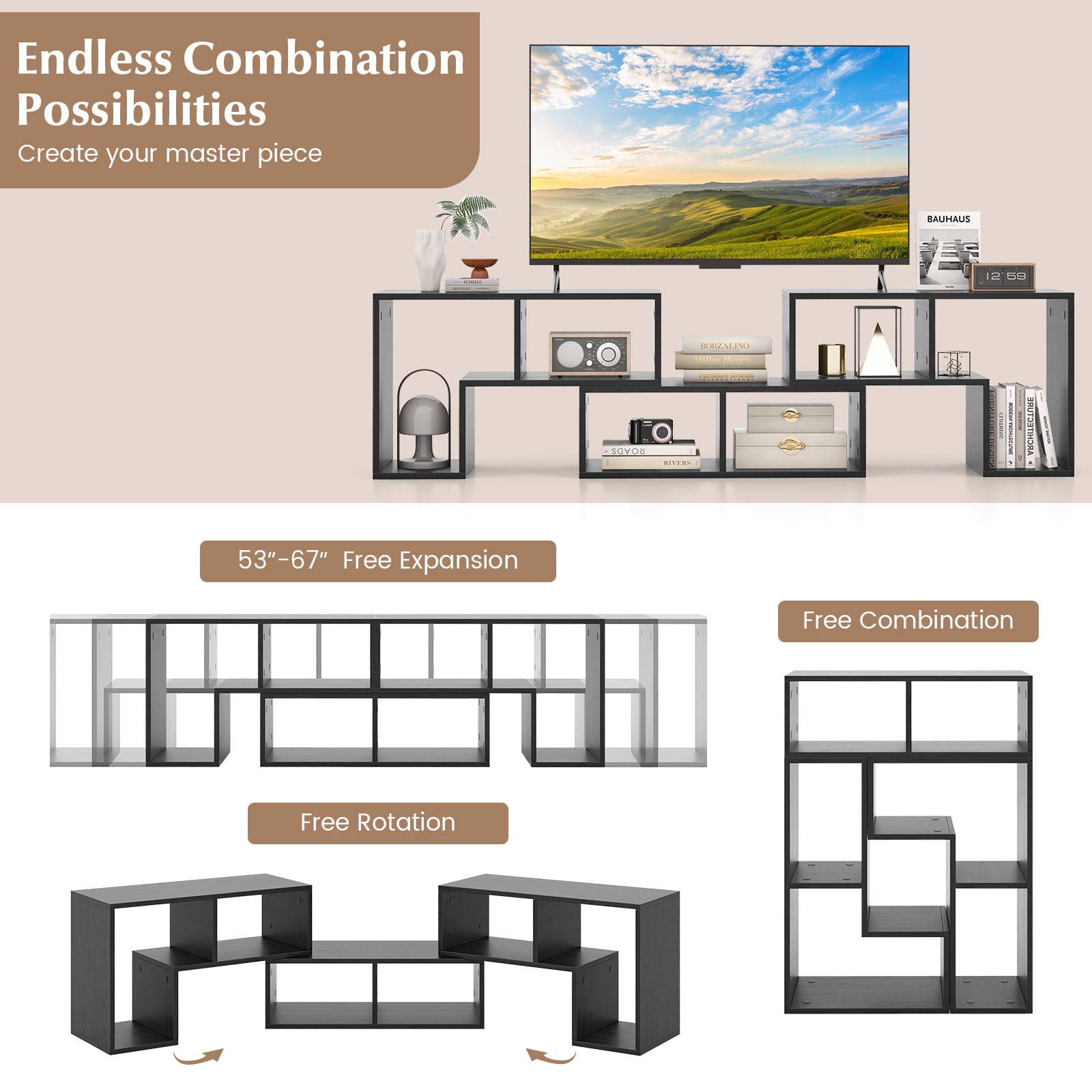 Costway 3 PCS TV Stand for TV's up To 65" Console Entertainment Center Bookcase Shelves Black Wood
