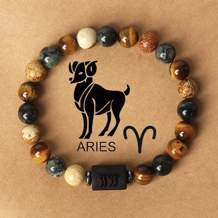12 Constellations Natural Tiger Eye Picture Jasper Round Beaded Stretch Bracelets for Men Women Column Aries 7-1/8 inch(18cm)