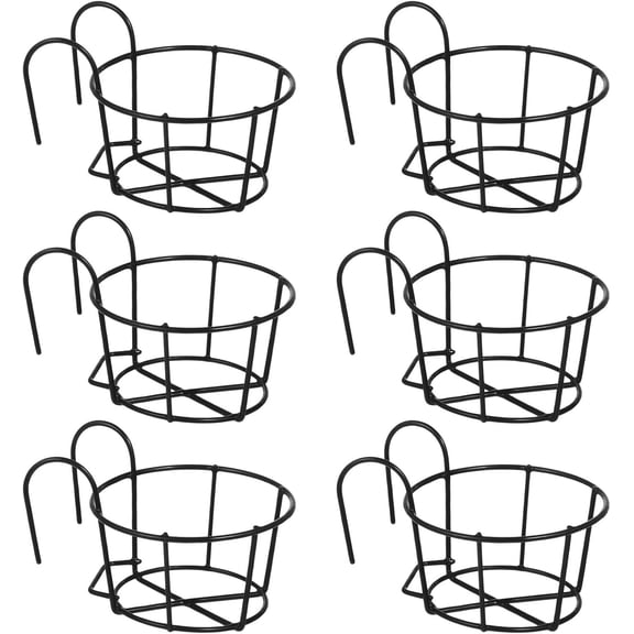 Meilimei 6-Pack Hanging Planters for Railings, 6.3 Inch Round Metal Flower Pot Holders with Double Hook, Outdoor Indoor Black Iron Plant Hangers for Balcony, Fence, Garden Decor