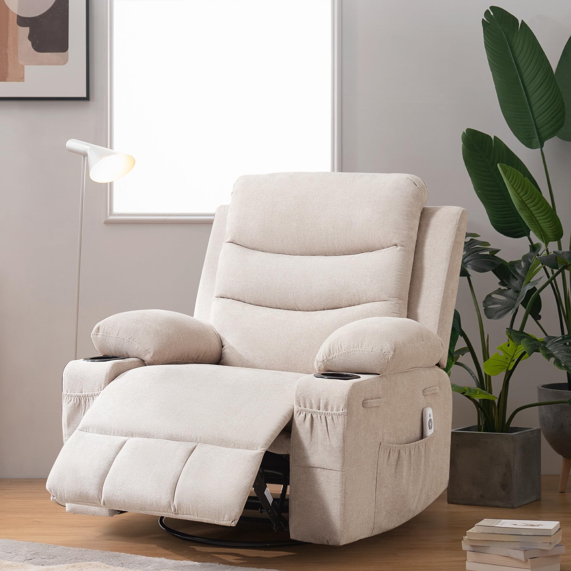 Recliner Chair Nursery, Oversized Manual Reclining Rocking Chair, 360 Swivel Glider with Cup Holder, Massage and Heat Recliner, Indoor Small Single Sofa Chairs for Adults RV Bedroom, Beige/Grey/Brown
