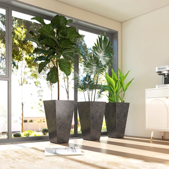 Set of 3 Stackable 28 Inch Tall Planters for Deep Rooted Plants, Black Marble Finish Plastic Flower Pots with Drainage Holes for Indoor Outdoor Use