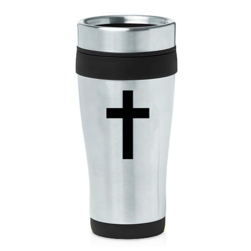 16oz Insulated Stainless Steel Travel Mug Coffee Mug Tumbler Cross Christian (Black)