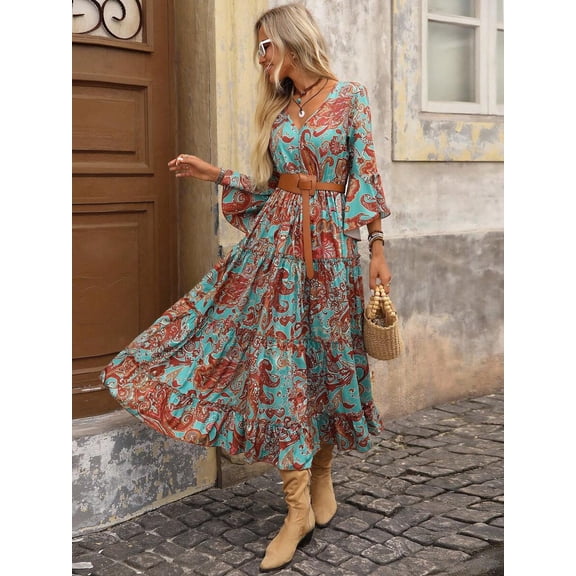 Multicolor Bohemian V-Neck Tiered Maxi Dress With Belt And Flared Sleeves