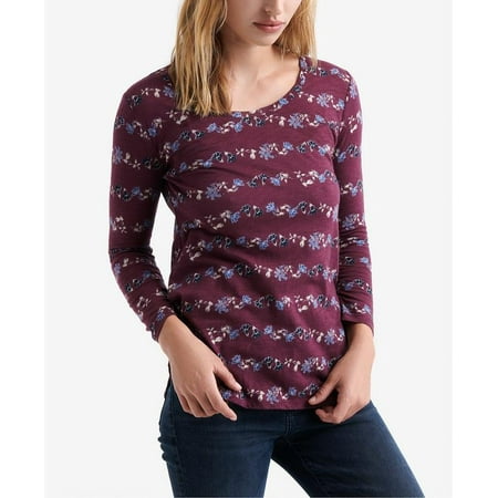 LUCKY BRAND Womens Purple Flower Stripe 3/4 Sleeve Jewel Neck T-Shirt Top Size: S