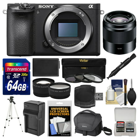 Sony Alpha A6500 4K Wi-Fi Digital Camera Body with 50mm f/1.8 Lens + 64GB Card + Case + Battery & Charger + Tripod + Tele/Wide Lens
