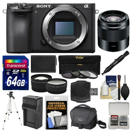 Sony Alpha A6500 4K Wi-Fi Digital Camera Body with 50mm f/1.8 Lens + 64GB Card + Case + Battery & Charger + Tripod + Tele/Wide Lens Kit