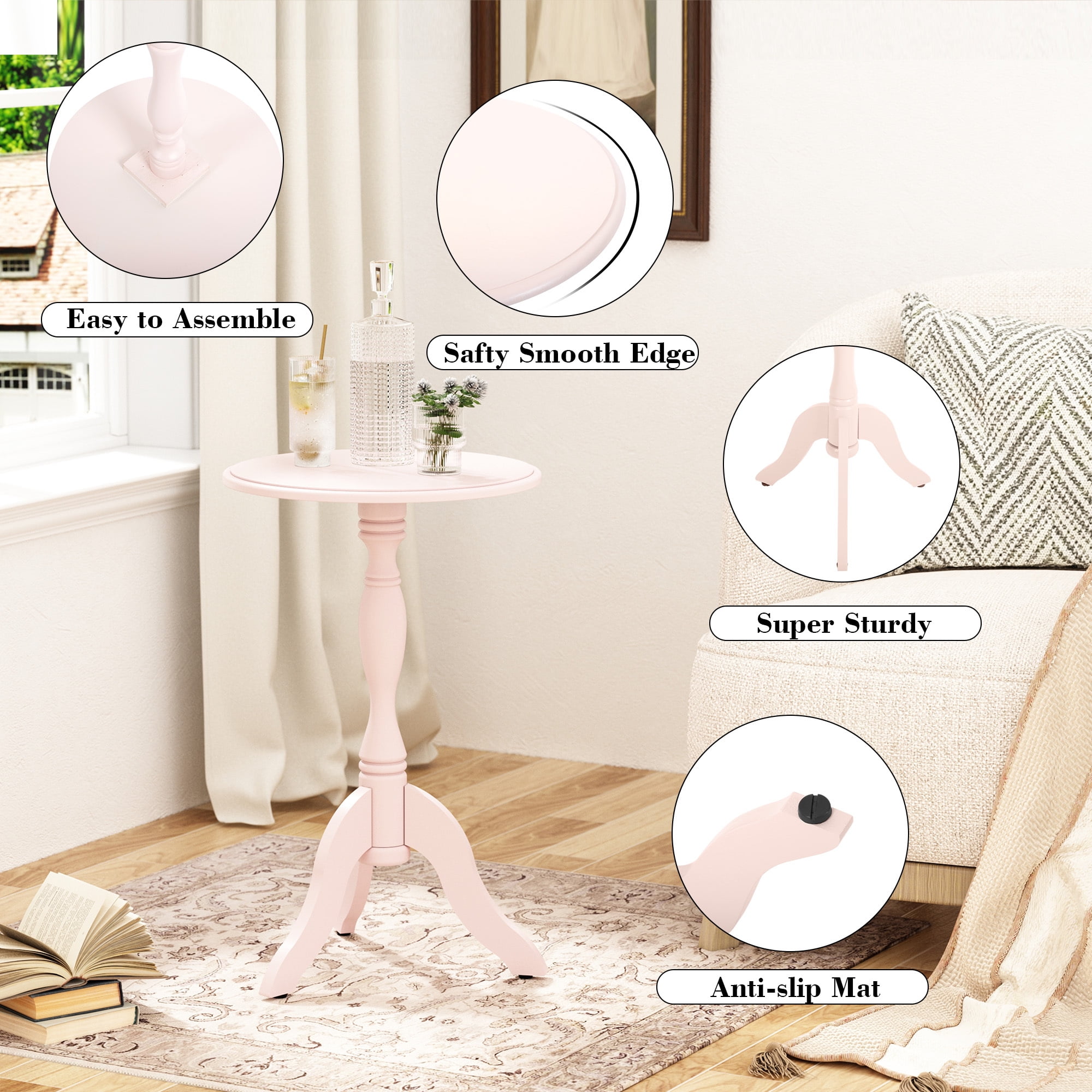 HLR Round Small End Table, Wooden Pedestal Side Coffee Table,  Vintage Accent Nightstand for Living Room, Entryway, Pink