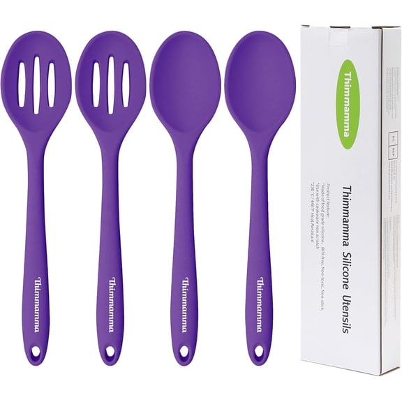 Silicone Spoon for Cooking, BPA Free Silicone Slotted Solid Spoons Set Heat Resistant, Dishwasher Safe Nonstick Silicone Kitchen Serving Spoon Set for Mixing Basting Stirring, Purple