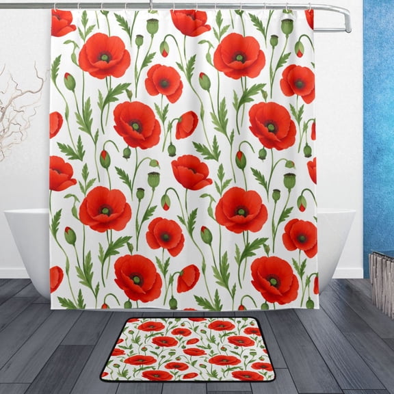 TTYFWHD 60" x 72" Shower Curtain and Bath Mat Set Vibrant Red Poppy Artwork Waterproof Bathroom Curtain with 12 Hooks, Bathroom Decor Set