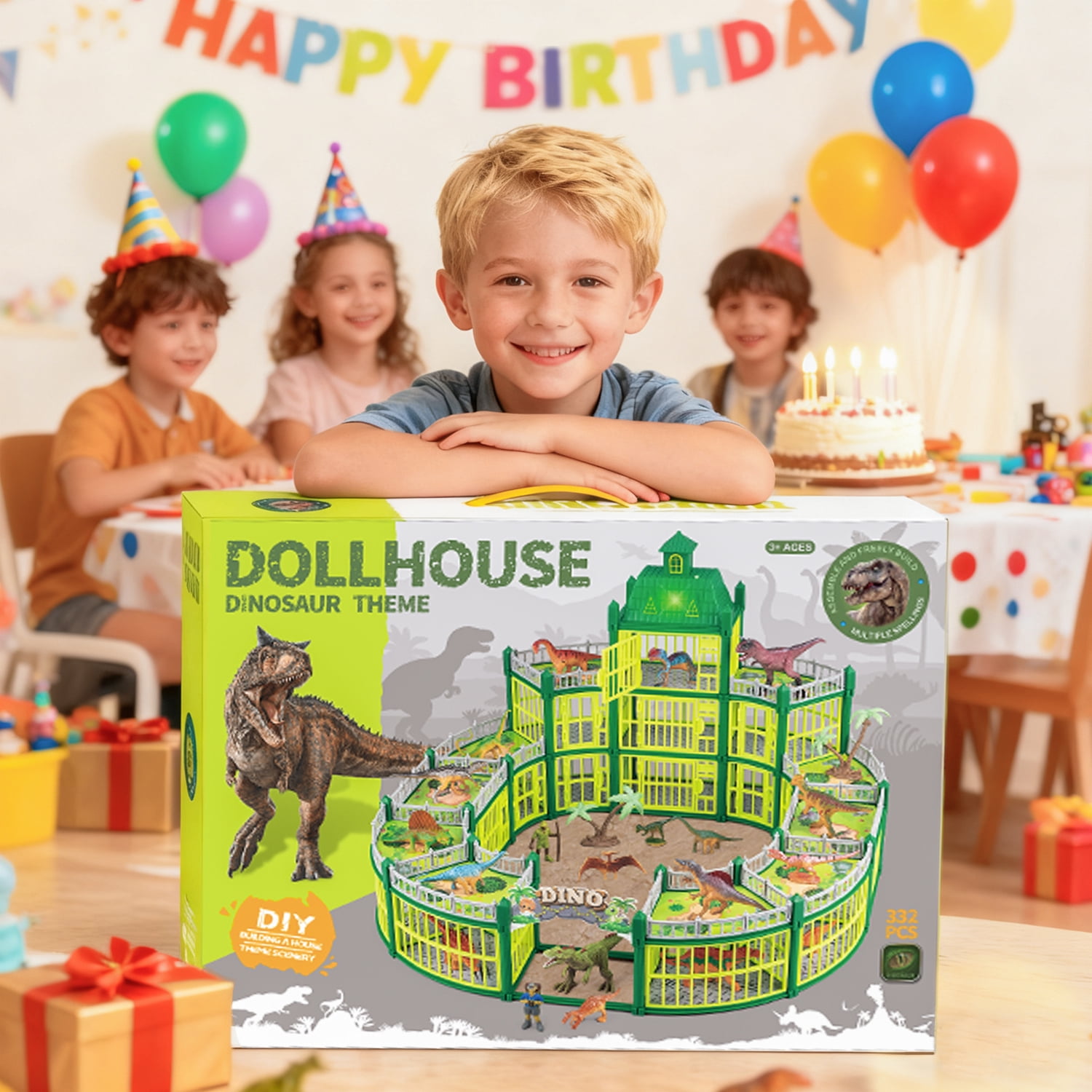 LINXUXIE 332PCS Dinosaur House Play Set with LED Light & Sound, Dinosaur Theme Park with 18 Realistic Dinos & Large Battle Cage, Dinosaur Toy for 1-3 3-5 5-8 Year Old