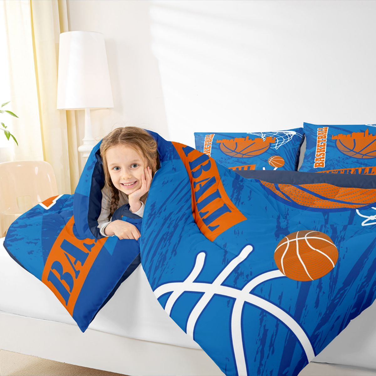 Feelyou Eat Basketball Sleep Bedding Comforter Set for Boys, Blue Orange Twin Comforter Sets, Modern Sports Theme Reversible Bedding Set, Super Cozy Room Decor, 2-Piece