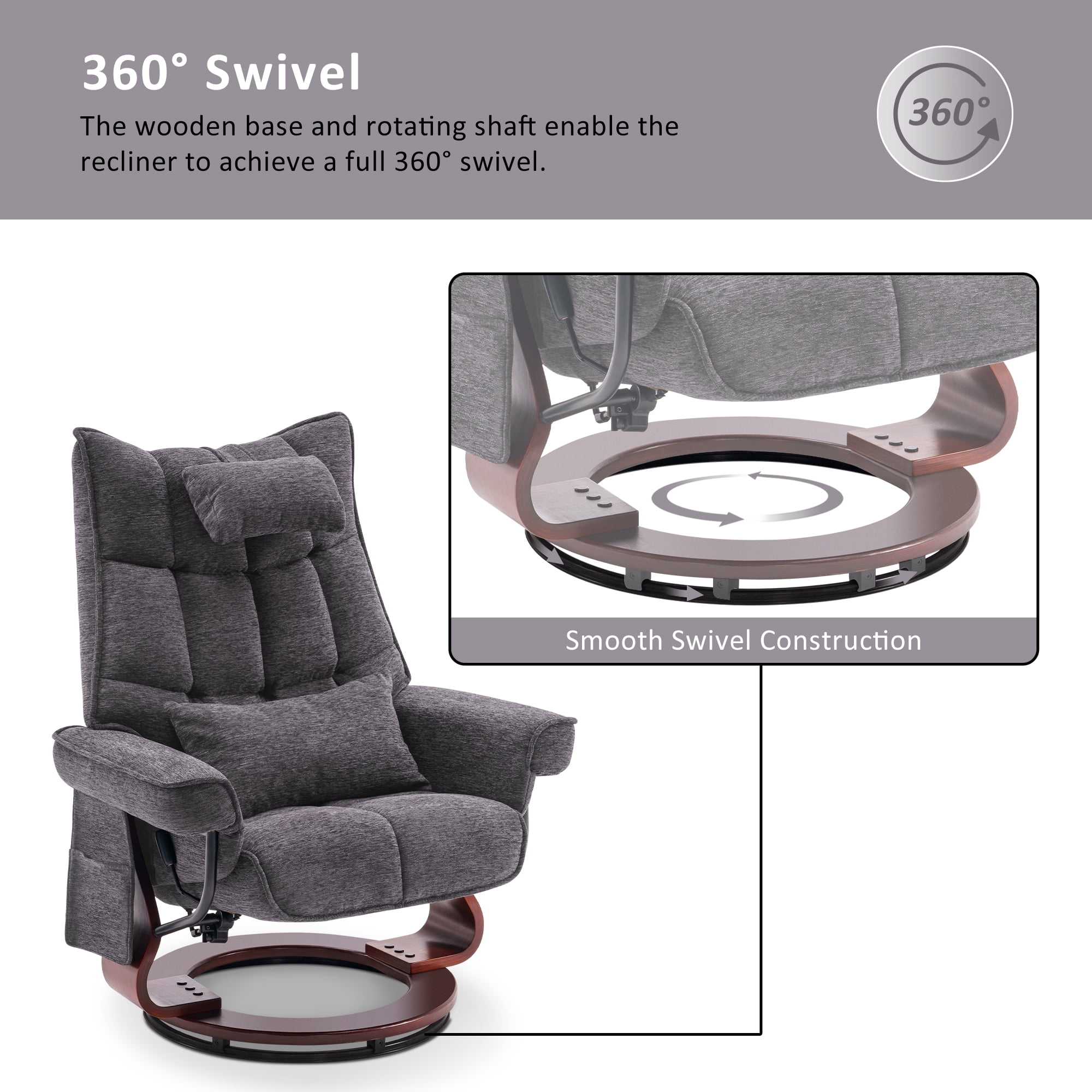 Mcombo Swivel Recliner with Ottoman, Massage TV Chairs with Neck Pillow and Side Pocket for Living Reading Room, Chenille Fabric 4188