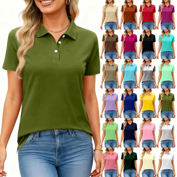 Womens Polo Shirts Button Down Short Sleeve Shirts Solid Color Basic Tees Dressy Casual Lapel Work Blouses Summer Tops Army Green XXL