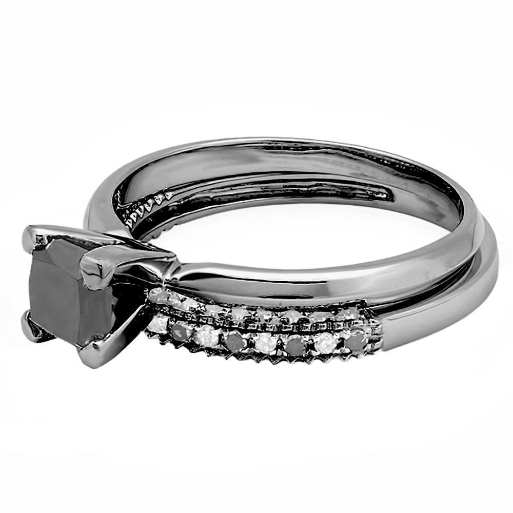 Dazzlingrock Collection Princess & Round Black and White Diamond Wedding Ring Set for Women (1.50 ctw, Color I-J, Clarity I2-I3) in Black Plated 10K White Gold, Size 8