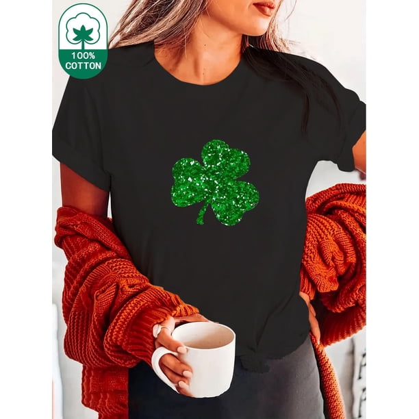 Simple Green Clover Pattern Printed Women'S Summer Round Neck Versatile Short Sleeved T-Shirt Casual Pure Tee For Adult, Men, Women, Teen, Teenager, Adolescent, Youth