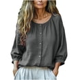 thumbnail image 3 of TaTaai Women's crew neck 3/4 sleeve top, solid color, linen cotton fabric, lantern sleeve, button detail, casual stylish, breathable comfortable, ideal for daily outings & brunch dates Gift, 3 of 7