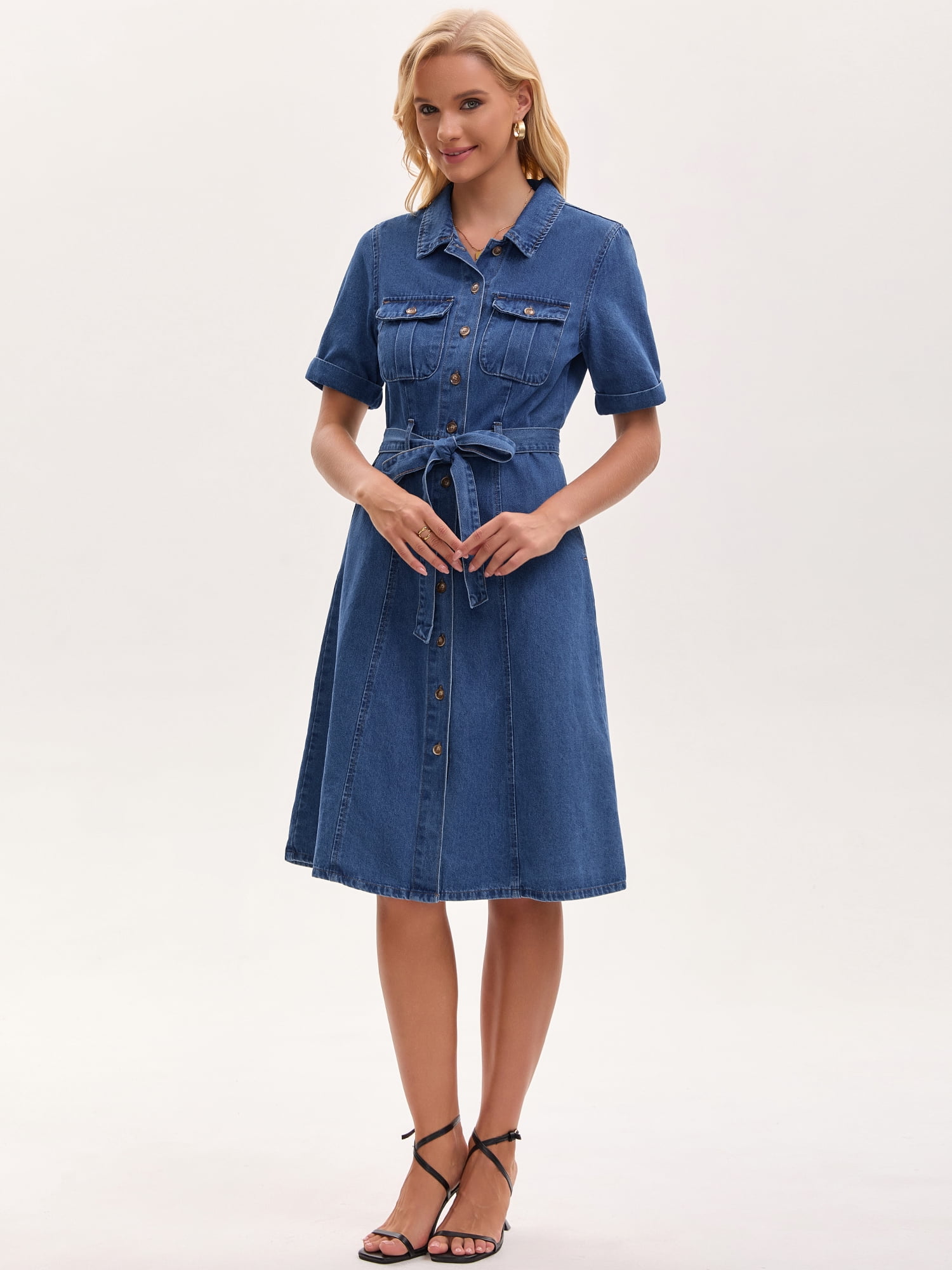 DARING DIVA Women's Denim Button Down Short Sleeve Belted Jean Shirt Dresses S Blue