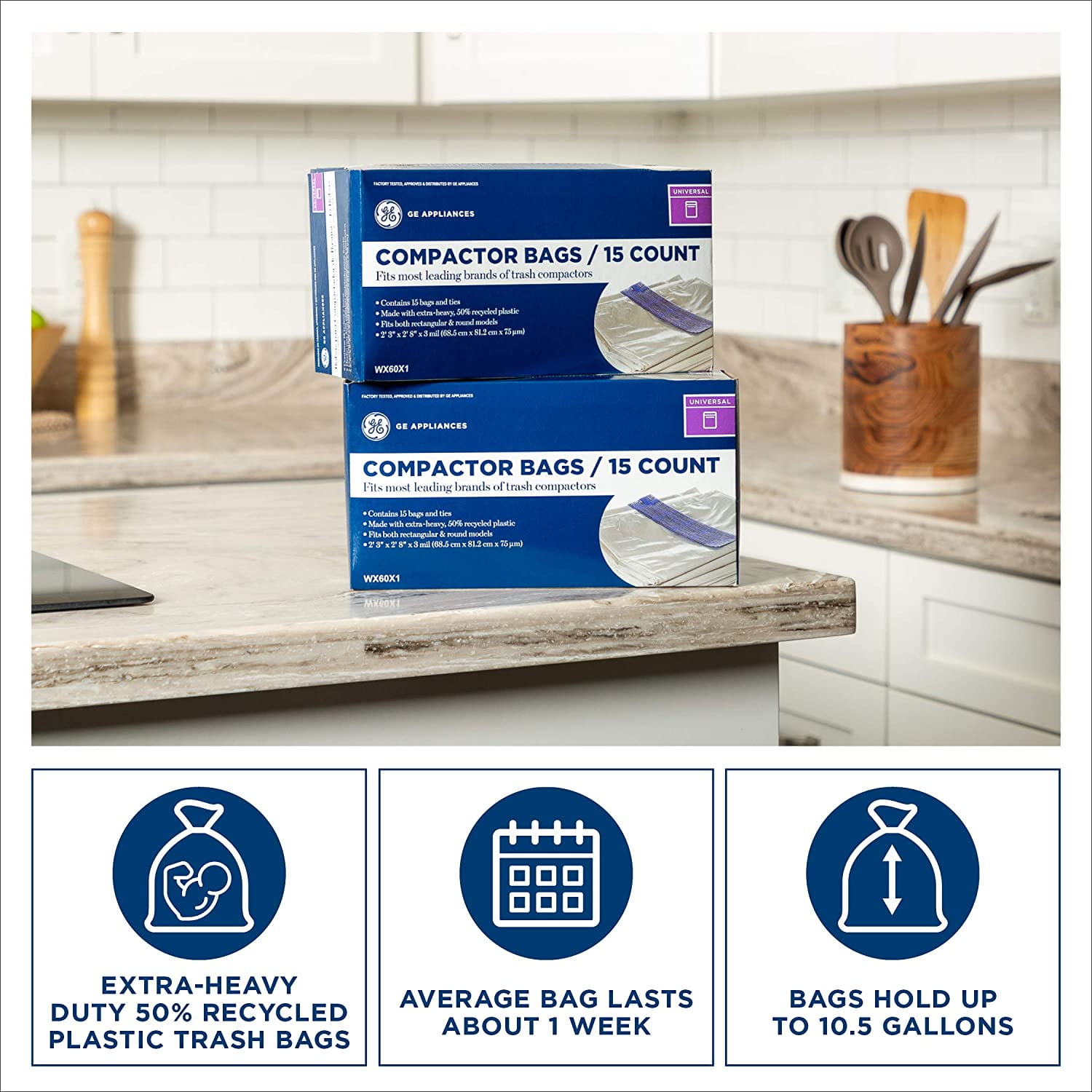 GE Appliances Trash Compactor Bags, 30 Count, 18-gallon, WX60X1-2PK