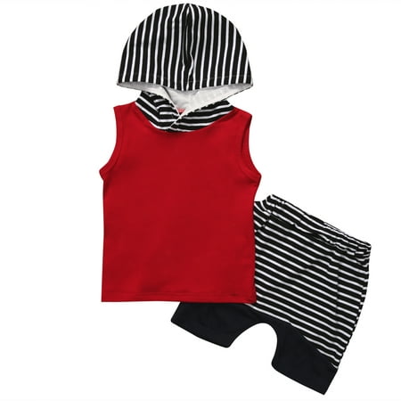 

Summer Baby Boy Sleeveless T-shirt Vest Hooded Top + Striped Pants 2pcs Outfit Toddler Hooded Clothes