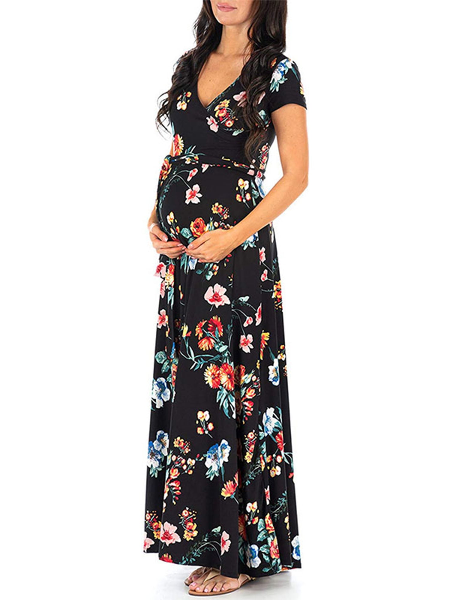 Avamo Women Casual Maternity Maxi Long Dress Short Sleeve V Wrap Baby  Shower Pregnancy Floral Dress Summer Beach Boho Sundress - Walmart.com