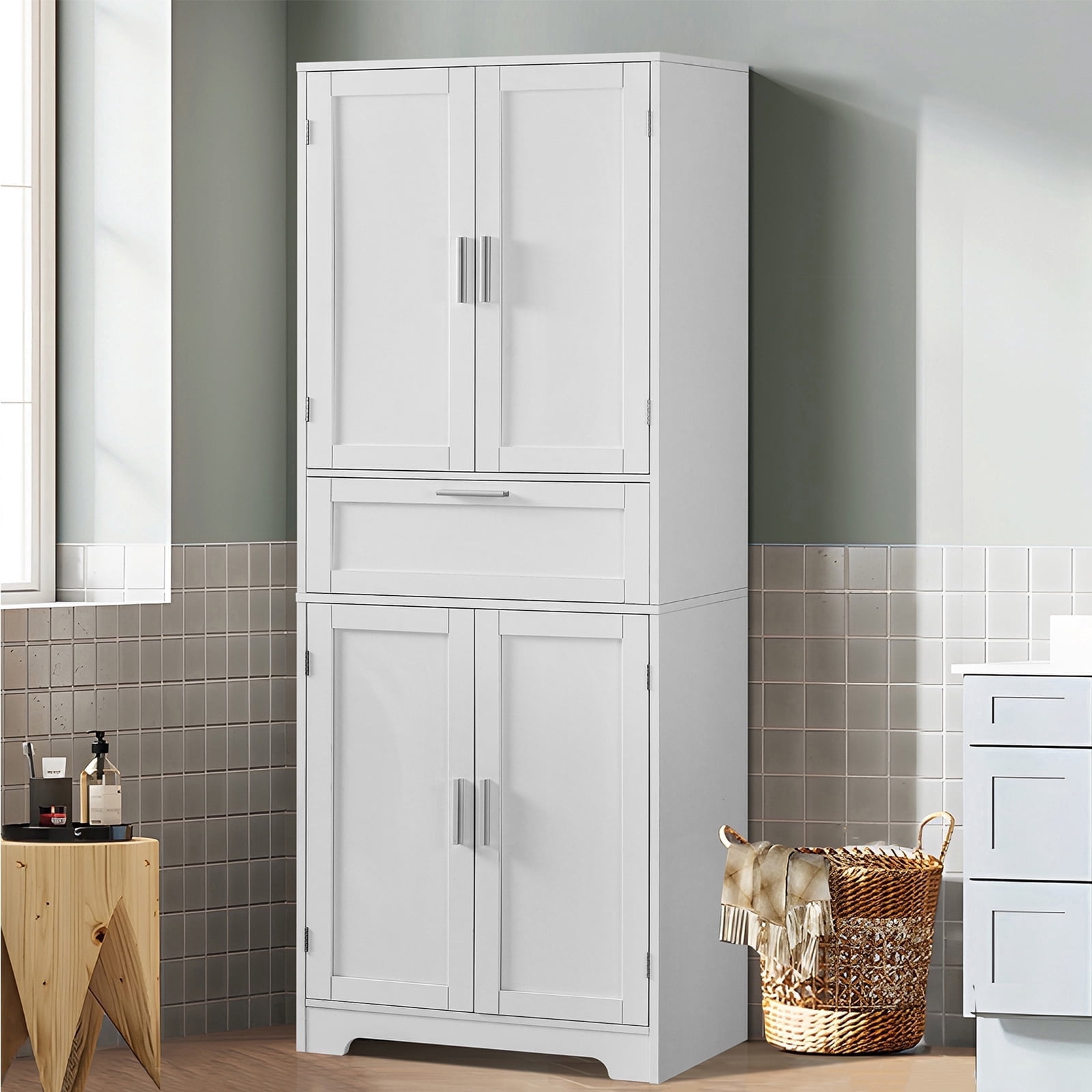TEENFON Tall Kitchen Pantry Storage Cabinet, Freestanding Cupboard with 1 Large Drawer, for Dining Room, Living Room, Laundry, White