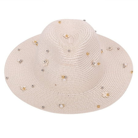 Spring Pearl The Last Flower AkoaDa New Spring Summer Hats For Women Flower Beads Wide Brimmed Jazz Panama Hat Sun Visor Beach Hat Flower Pearl Rivet Straw Hat ()