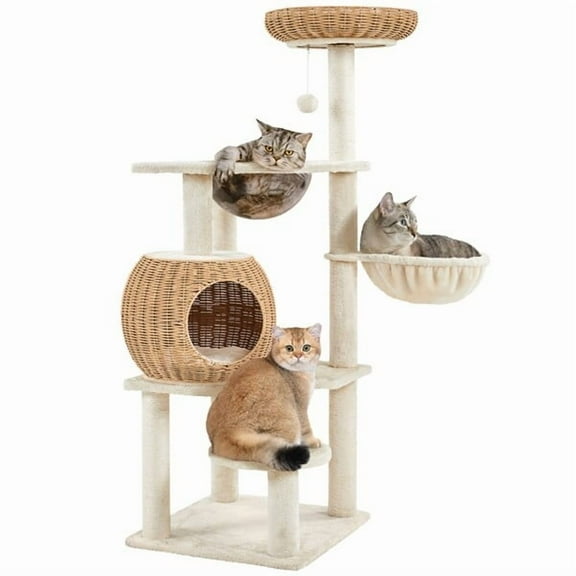 LYYHTY 54in Rattan Cat Tree Tower, Luxury Woven Condo Cat Activity Center with Clear Acrylic Bowl, Plush Basket, Sisal Scratching Posts & Dangling Toys (Bell   Ball)