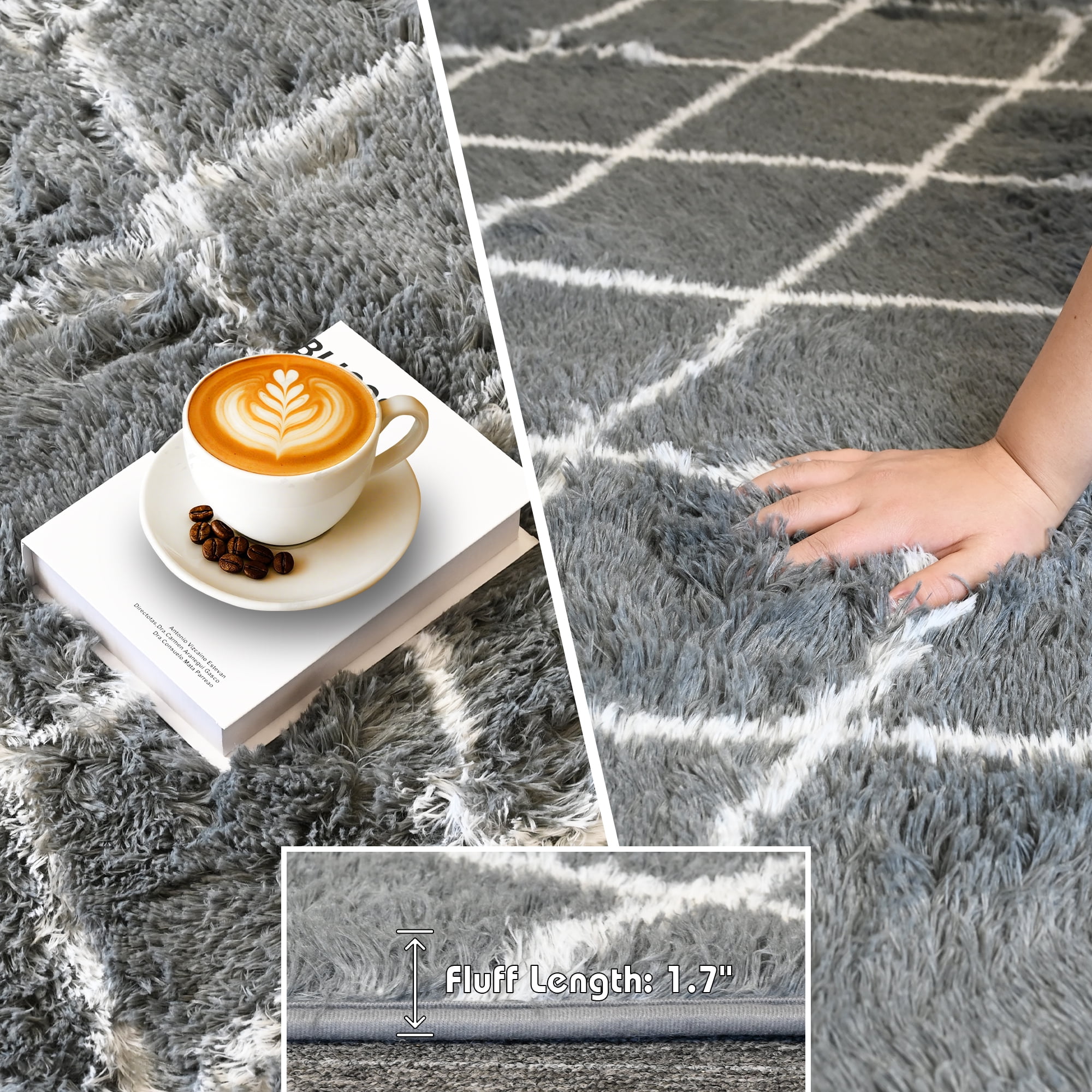 Pentantan 5ft x 8ft Shag Area Rugs for Living Room, Modern Grid Fluffy Bedroom Carpet, Gray & White