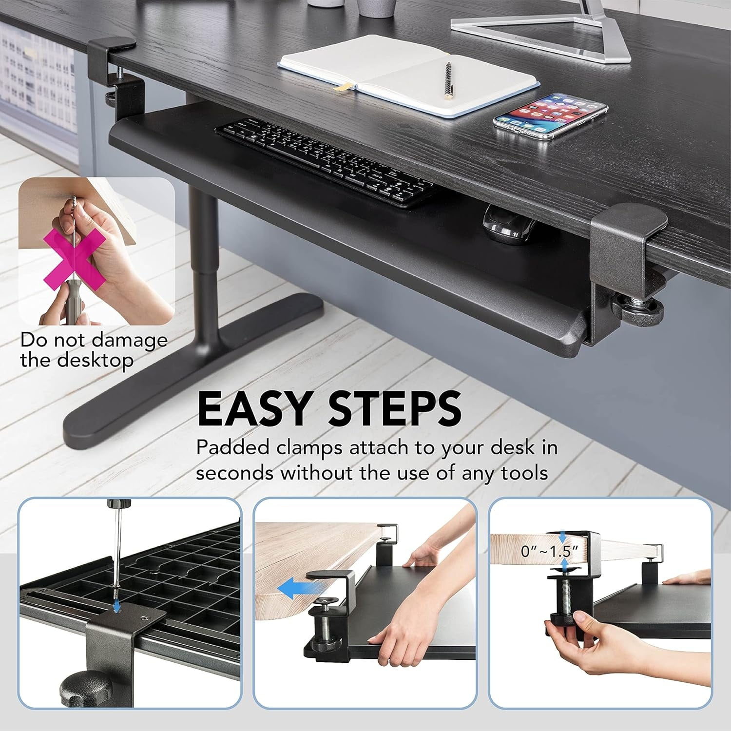 Under Desk Keyboard Tray, Large 27.5" x 12.2" Slide-Out Clamp-On Drawer with Steel C-Clamps, Ergonomic Platform Fits Full-Size Keyboard and Mouse, Tool-Free Installation,