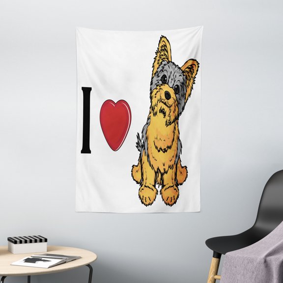 Yorkie Tapestry, I Love Yorkshire Terrier Cute Dog Smiling Animal Tilted Head Love Print, Wall Hanging for Bedroom Living Room Dorm Decor, 40W X 60L Inches, Marigold Pale Grey, by Ambesonne