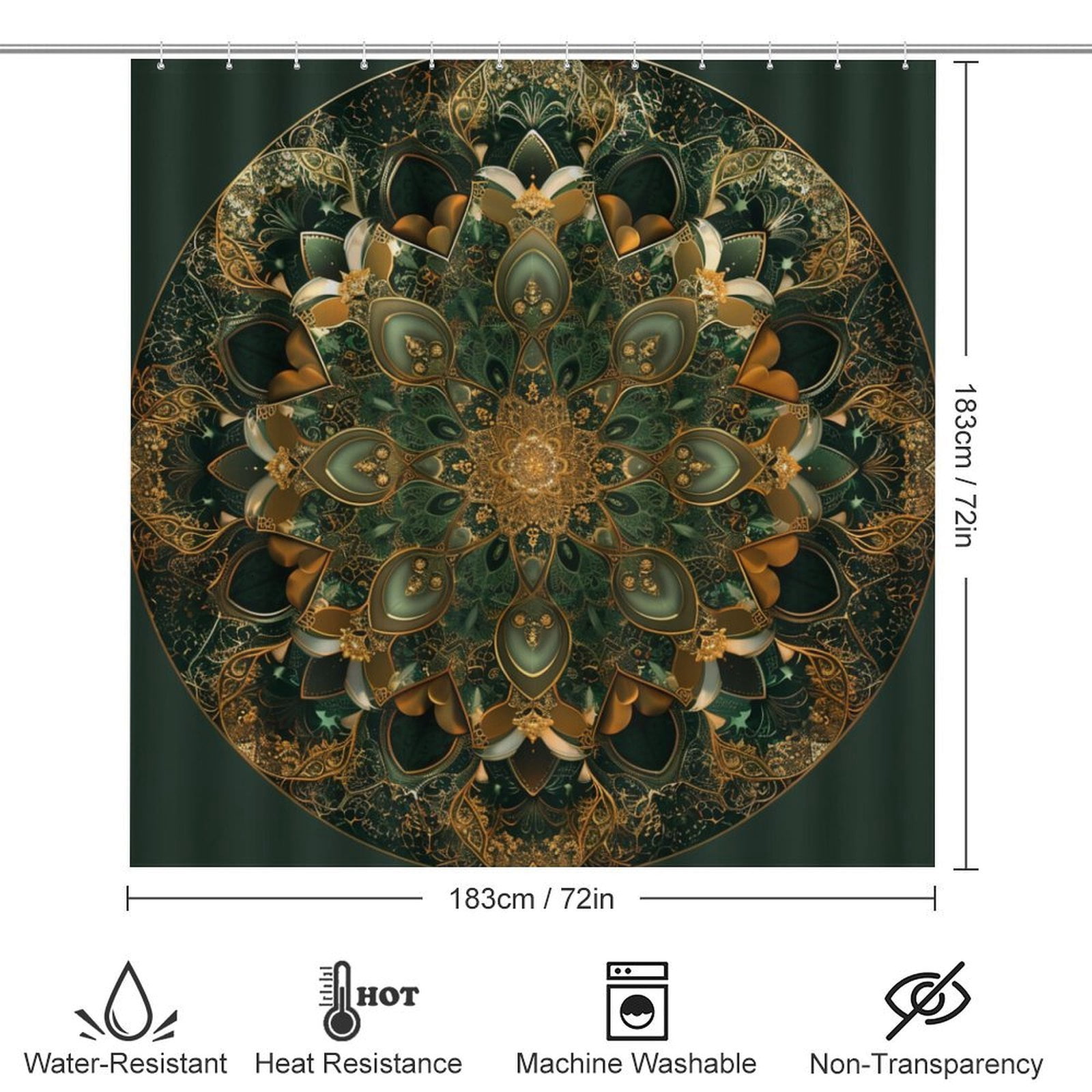Mandala Design in Olive Green And Gold 4 Pcs Shower Curtain Sets with Non-Slip Rugs Toilet Lid Cover And Bath Mat Bathroom Decor Set Abstract Mandala Flowers Durable And Waterproof for Bathtub Decor