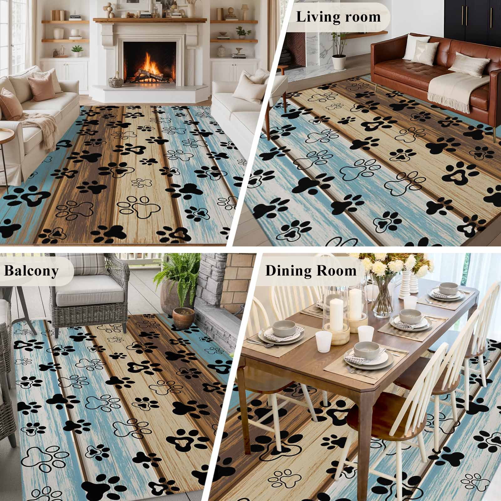 6'x9' Area Rugs, Cute Dog Claws Indoor Outdoor Area Rug for Living Room Bedroom, Farmhouse Blue Wooden Puppy Pawprints Washable Bathroom Rugs Kitchen Floor Carpet Mats Home Decor Aesthetic