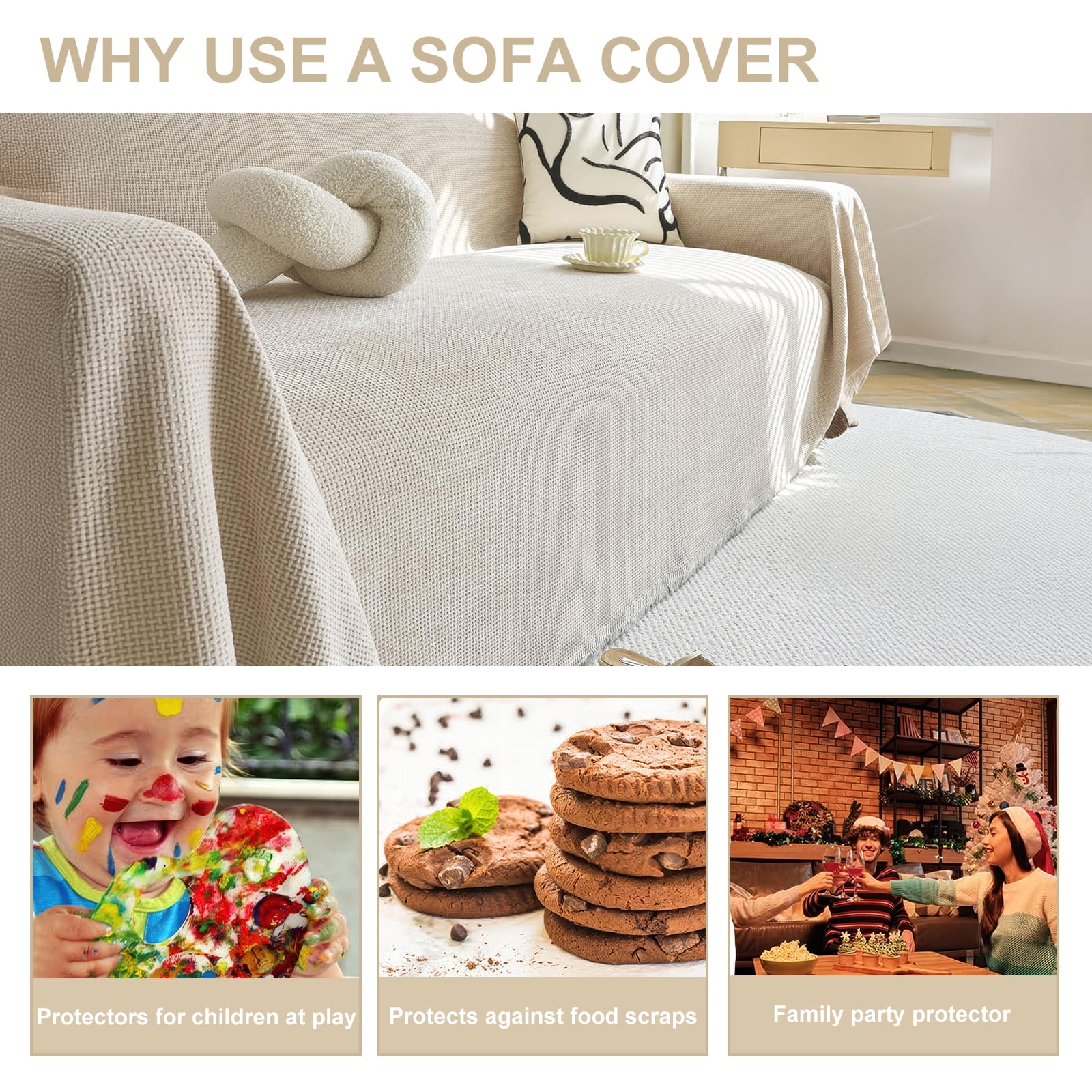 SANMADROLA Sofa Cover Chenille Couch Covers, Corduroy Jacquard Non Slip Couch Sofa Cover, Love Seat Couch Covers for 2 Cushion Couch, Furniture Protector for Dogs, Pets, 71"x118", Khaki