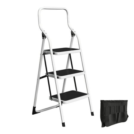 Stalwart 3 Step Stool Folding Ladder with Handrails and Attached Tool Bag