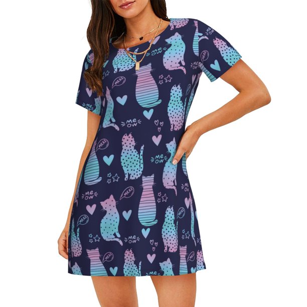 Easygdp Silhouette Cats Camisón de manga corta para mujer, informal, estampado