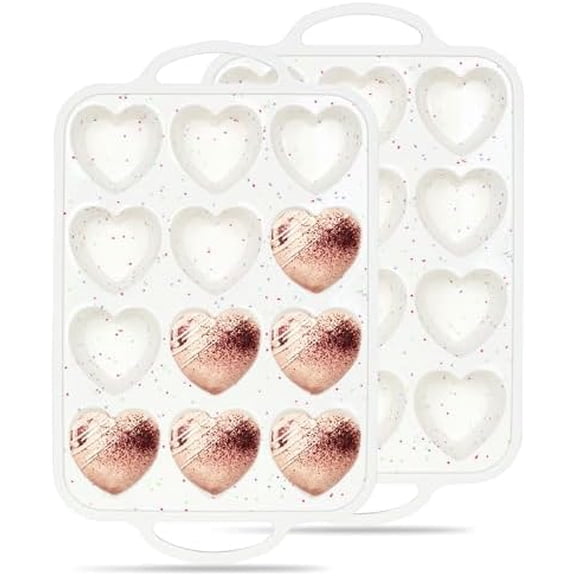 2 Pcs Heart Shaped Muffin Pan with Metal Reinforced Frame 12 Cup Nonstick Silicone Heart Cake Mold for Baking 2.5 Inch Cupcake Tray (Cream)