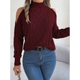thumbnail image 2 of Womens Cold Shoulder Sweaters 2025 Fall Winter Long Sleeve Soft Chunky Cable Knit Pullovers Jumper Tops Wine Red XL, 2 of 8