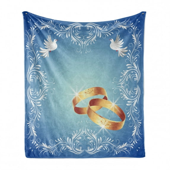 Wedding Soft Flannel Fleece Blanket, Celebration Ornament Frame 2 Flying Doves Heart Shapes Wedding Rings, Cozy Plush for Indoor and Outdoor Use, 50" x 60", Blue White Pale Caramel, by Ambesonne