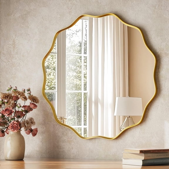 BEAUTYPEAK 24" Wavy Round Bathroom Mirror Wall Decor with Deep Frame, Gold