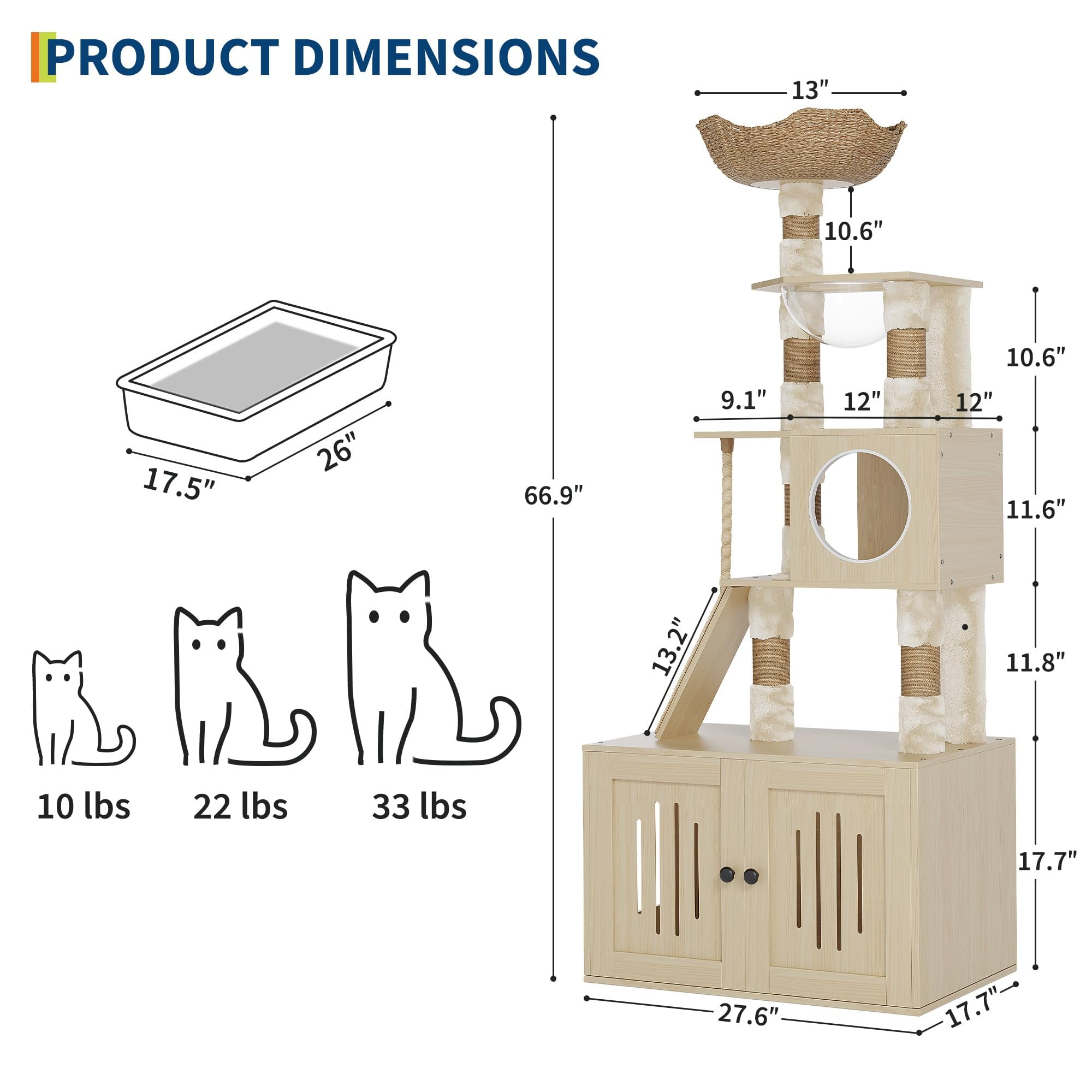 2-in-1 Cat Tree with Litter Box Enclosure - 66.9 Inch Tall Cat Tower with Perch