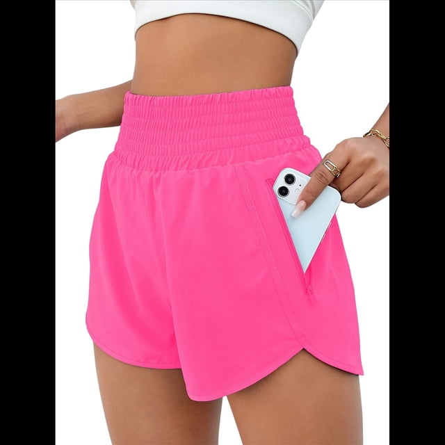Pantalones Cortos Deportivos de Cintura Alta para Mujer, con Bolsillos, Elásticos, para Gimnasio. Rosa Roja M