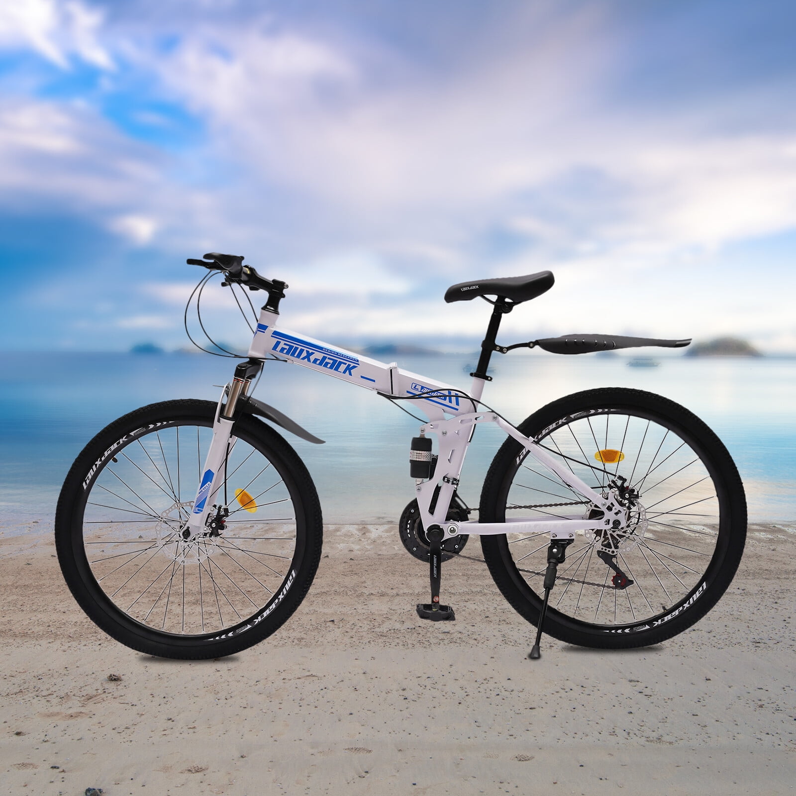 26" Folding Mountain Bike 21 Speed Men Bikes MTB Bicycle School Dual Disc Brake Rubber, High-carbon Steel, Sponge Blue, White