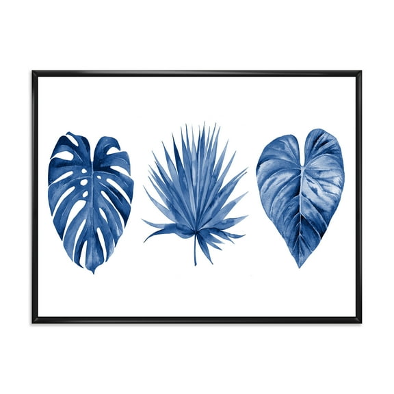 Designart 'Tropical Leaves In Classic Blue ' Tropical Framed Canvas Wall Art Print