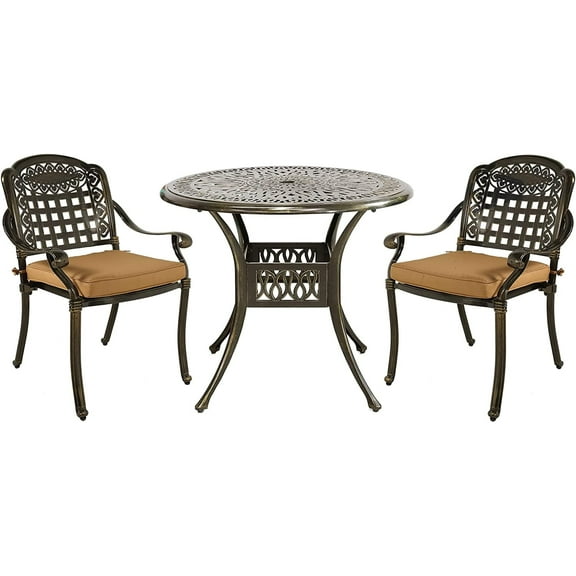 MEETWARM 3 Piece Patio Bistro Set, Outdoor All-Weather Cast Aluminum Dining Furniture Set Includes 2 Chairs with Cushions and a 35.4” Round Table with Umbrella Hole for Garden Deck