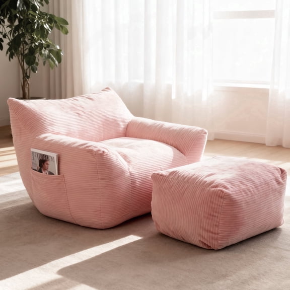 CKEASEAN 43" Corduroy Oversized Bean Bag Chair with Ottoman & Side Pocket, Comfy Reading Nook Lounge Chair with Armrests & Back Handle, Lazy Beanbag Floor Sofa for Adults, Bedroom, Living Room