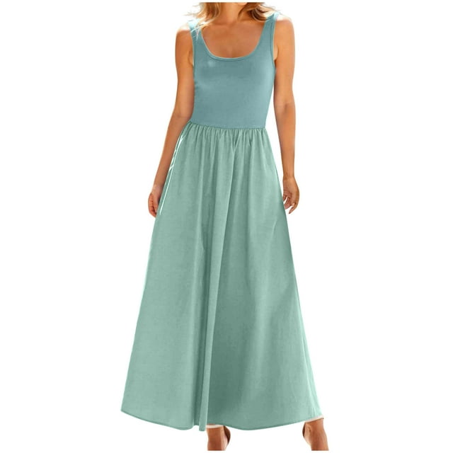 Vestido de Verano con Bolsillos para Mujeres de Moda Cómodo Vestido de Cuello Redondo sin Mangas de Color Sólido, Estilo de Vendaje de Poliéster, Lavado de Manos