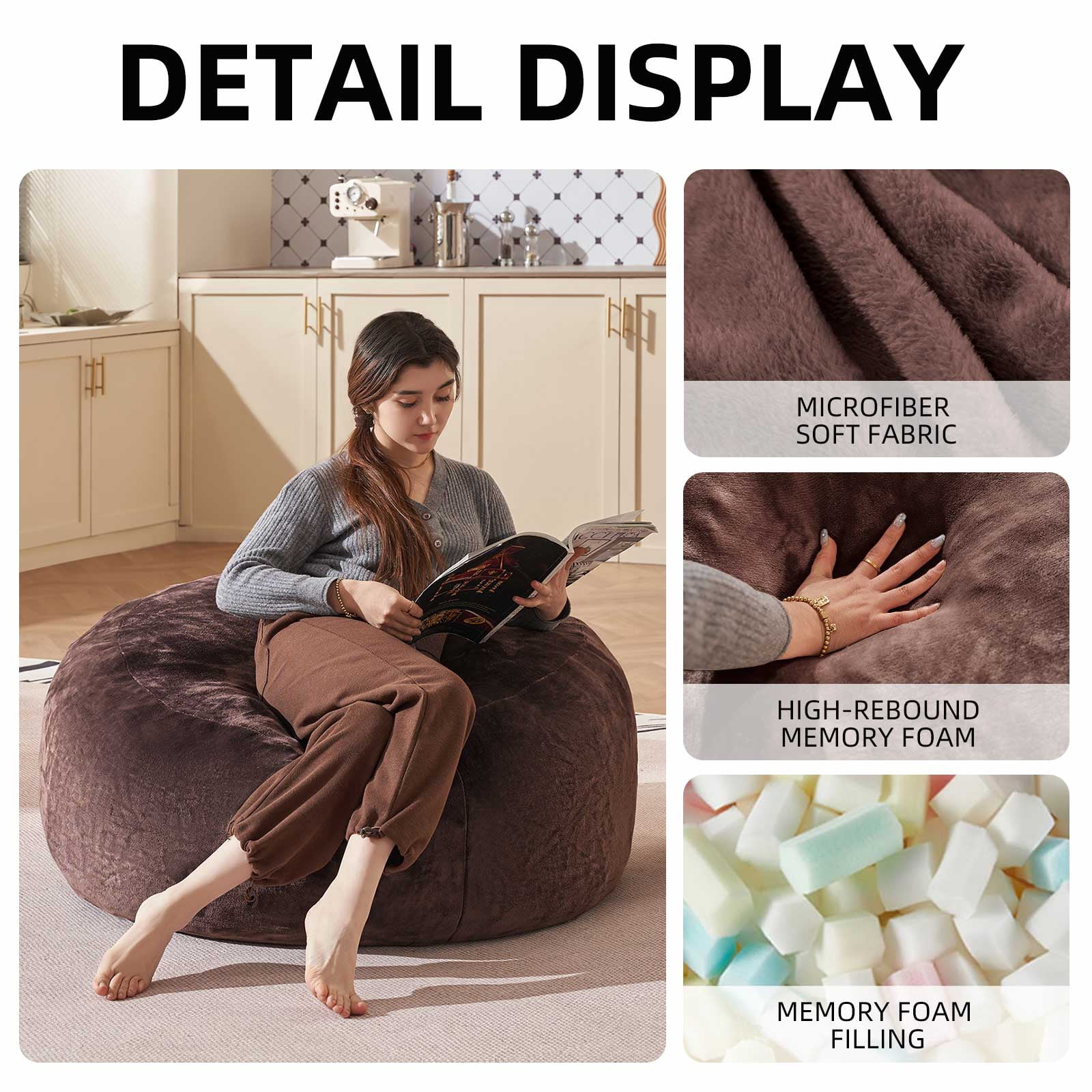 Bean Bag Chair 3FT,  Large Memory Foam Filled Chair for Adults and Teens, Soft Sofa with Removable Flannel Cover, Round Couch for Living Room Bedroom College Dorm